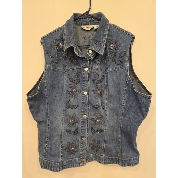 Flashback Jackets & Blazers - Women's Vintage Embellished Denim Vest Size 1X Boho Artsy Indie Western